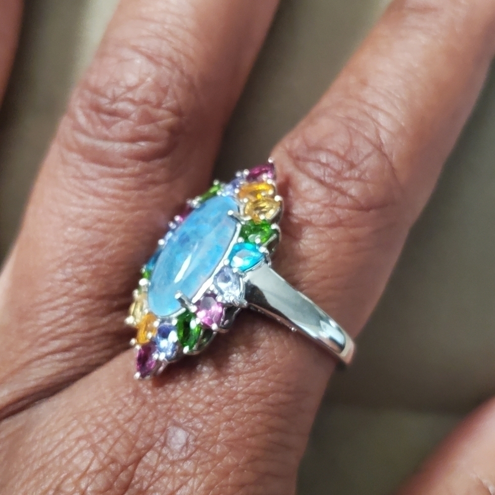 Australian Boulder Opal Multigemstone Ring Platinum Silver - Picture 5 of 8